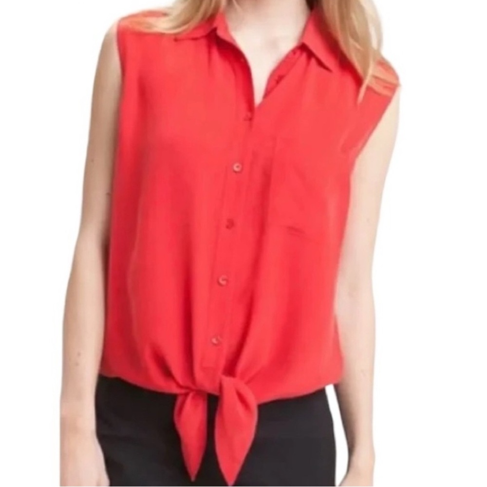 MOVING SALE! Equipment 100% Silk Red Sleeveless Button-Up Tie-Waist Top